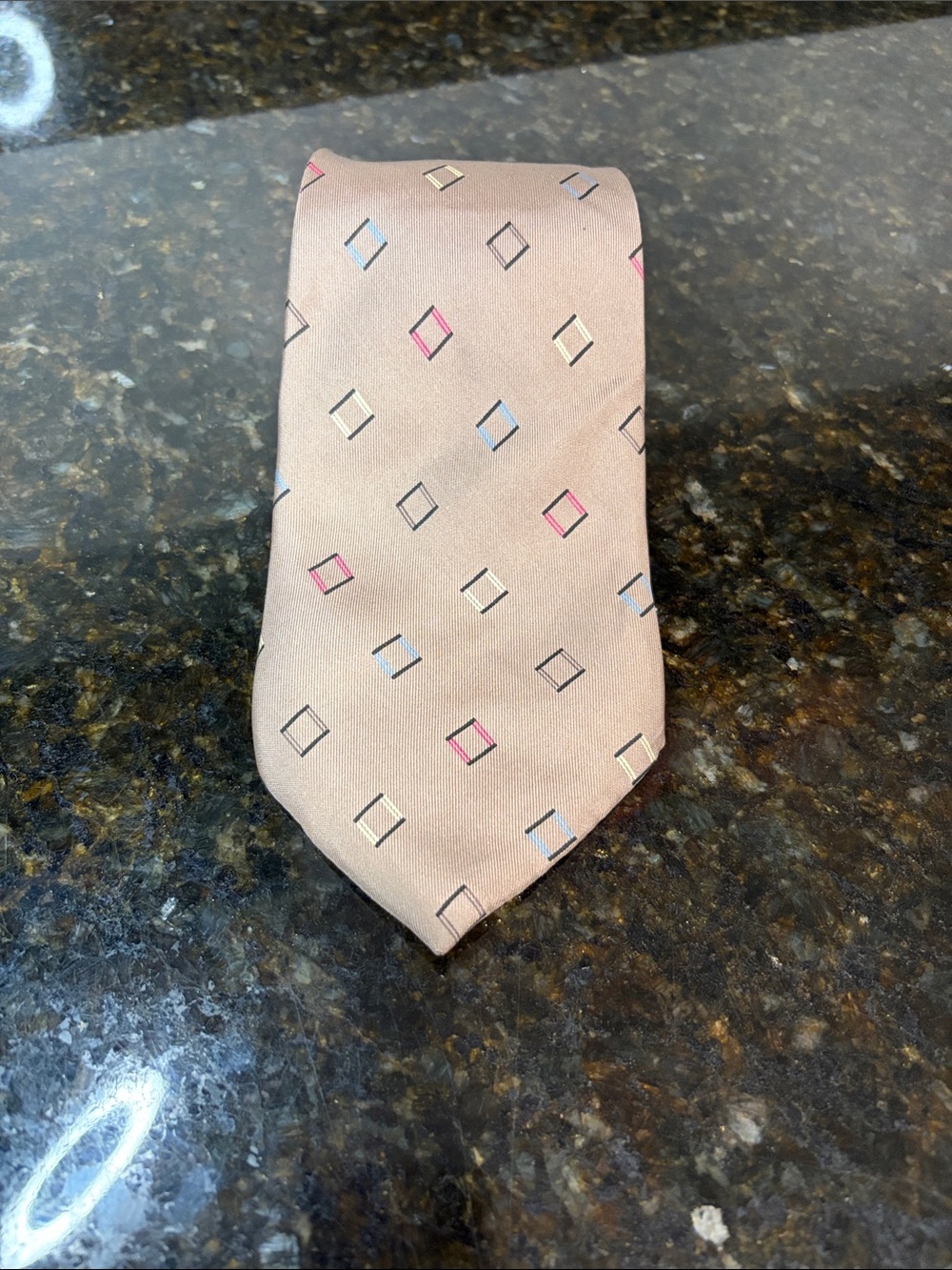 PIERRE CARDIN Vintage Silk Tie, Tan with Multi-Colored Geometric Squares